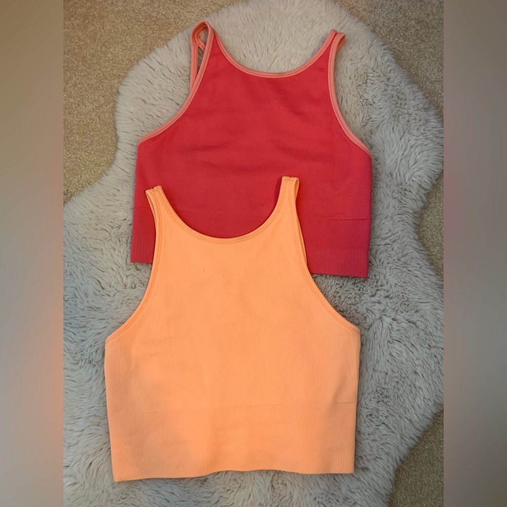 Athleta Aurora High Neck Crop Tanks in Orange and Pink, Size small
